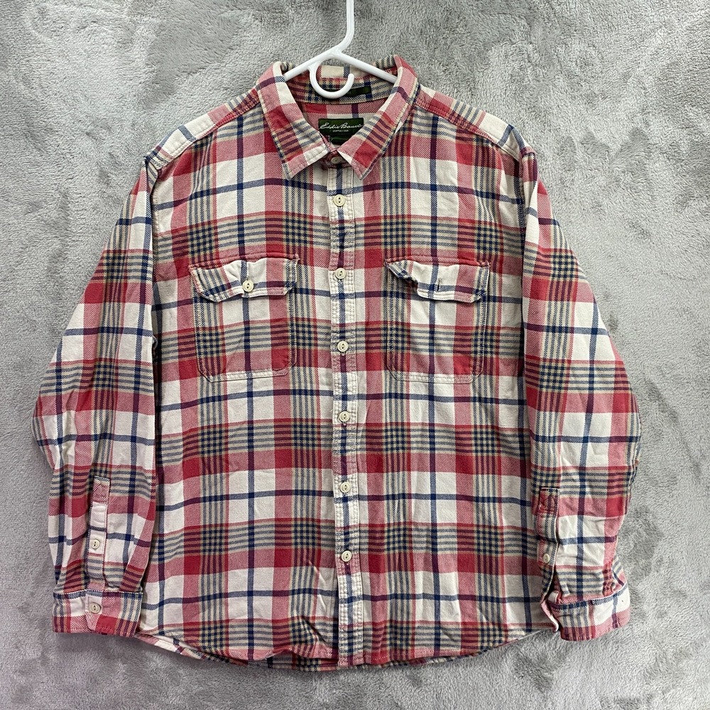 Eddie Bauer Flannel Shirt Mens XL Red Plaid Check Button Down Cotton Long Sleeve